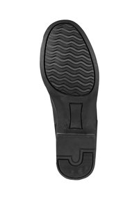 Suela de zapato de goma negra con un patrón de banda de rodadura ondulada, forma redondeada y una construcción sólida con un área de tacón prominente.