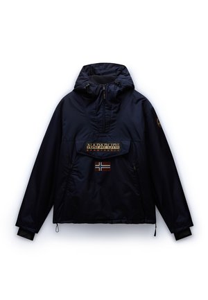 Marineblå anorak med hætte, der har en frontlomme, et logo-lap og et accent af det norske flag. Lavet af glat, vandafvisende stof.