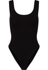 Costume da bagno intero nero con scollo a barca, spalline larghe e gambe alte. Tessuto a finitura liscia con chiusura a bottoni sul fondo.