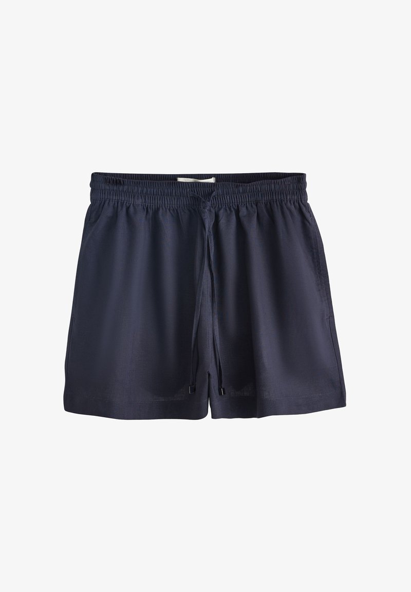 Shorts décontractés bleu marine avec ceinture élastique et cordon à l’avant, fabriqués en tissu léger pour un port confortable.