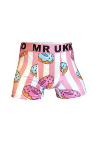 Herre boxer shorts med en pink elastik med "MR UKK." Designet inkluderer farverige donut mønstre på hvid og pink stribet stof.