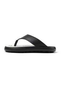 Black flip-flop with a smooth faux leather strap, rubber sole, and a cushioned footbed featuring a white interior design pattern.