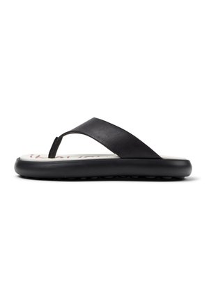 Black flip-flop with a smooth faux leather strap, rubber sole, and a cushioned footbed featuring a white interior design pattern.