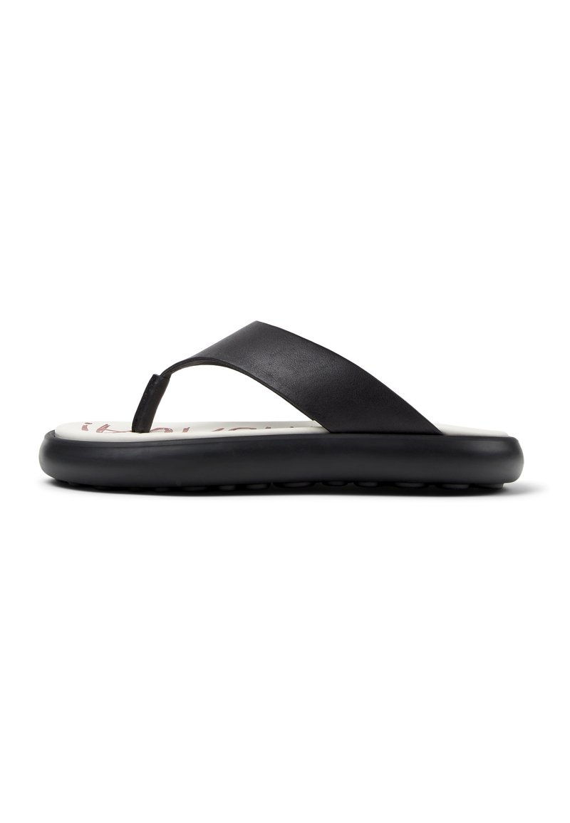 Black flip-flop with a smooth faux leather strap, rubber sole, and a cushioned footbed featuring a white interior design pattern.