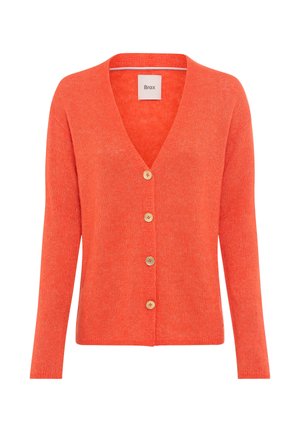 V-hals, lange mouwen cardigan in felle oranje gebreide stof, met vijf houten knopen aan de voorkant en een losse pasvorm.