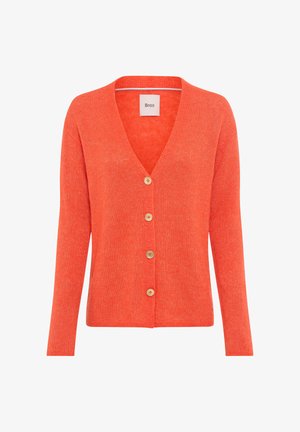 V-hals, lange mouwen cardigan in felle oranje gebreide stof, met vijf houten knopen aan de voorkant en een losse pasvorm.