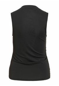 Haut noir sans manches à col rond, vu de dos avec un tissu lisse, légèrement ajusté et un ourlet droit.