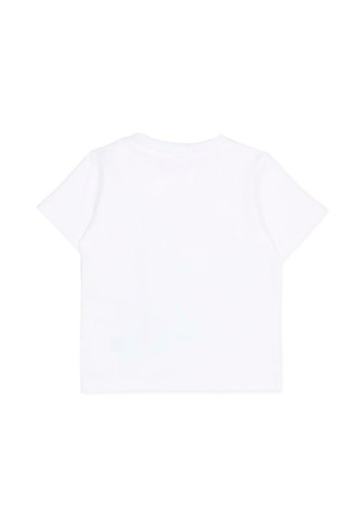 Maglietta bianca a maniche corte, vista da dietro, con scollo rotondo e una texture semplice e liscia.