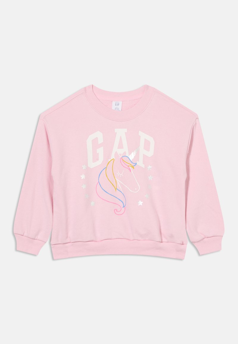 Sweat-shirt enfant rose clair avec logo GAP et une tête de licorne colorée entourée d'étoiles à l'avant.