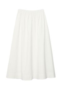 Jupe blanche mi-longue avec taille élastique, forme évasée en A, en tissu léger.