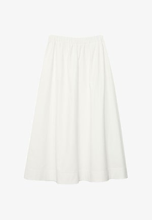 Weißer Midirock mit elastischem Bund, fließende A-Linien-Form, aus leichtem Stoff.