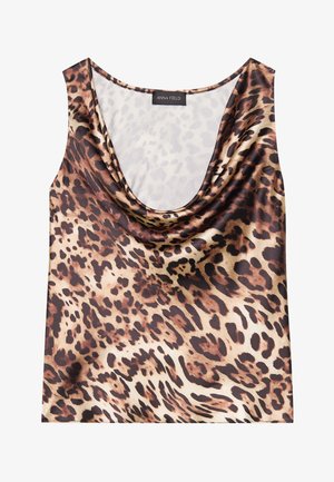 Top bez rukávov s leopardím vzorom, splývavý výstrih, hodvábna textúra, hnedo-bežová farebná schéma s výraznými čiernymi škvrnami a hladkým povrchom.