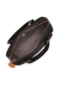 Black fabric tote bag with rose gold hardware, braided handles, and a light gray interior. An exterior tassel detail adds texture.
