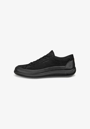 Scarpe nere impermeabili con tomaia in pelle e suede texture, caratterizzate da un design con lacci e una suola in gomma rigata per una migliore aderenza.
