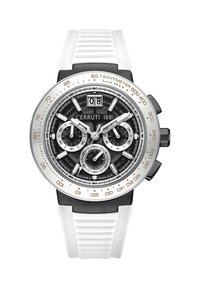 Cerruti 1881 ura z obrazom v črno-beli barvi, s srebrnimi detajli, več podštevci in belim gumijastim zapestjem s teksturiranim vzorcem.