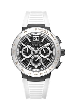 Cerruti 1881 laikrodis su juodai baltu ciferblatu, sidabriniais akcentais, keliais subciferblatais ir baltu guminio dirželiu su tekstūruota raštu.