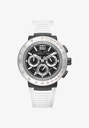Cerruti 1881 pulkstenis ar melnu un baltu ciparnīcu, sudraba akcentiem, vairākiem apakšcipariem un baltu gumijas siksniņu ar teksturētu rakstu.