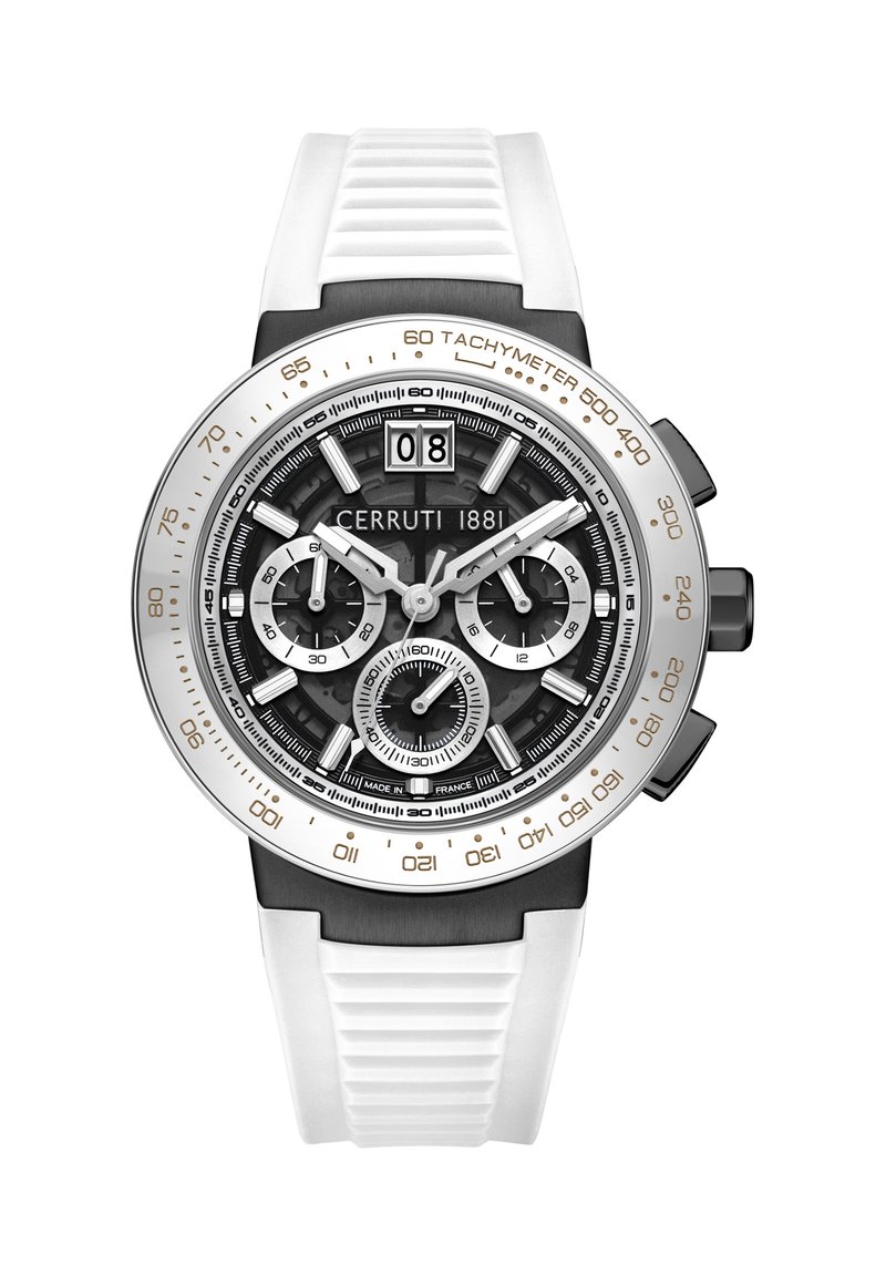 Cerruti 1881 ura z obrazom v črno-beli barvi, s srebrnimi detajli, več podštevci in belim gumijastim zapestjem s teksturiranim vzorcem.