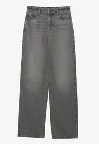 Vaqueros de pierna ancha en gris hechos de mezclilla con cinco bolsillos, cierre de botón y cremallera, y un sutil desvanecimiento a lo largo de las piernas para dar textura.