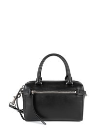 Borsa a mano nera in pelle con doppi manici, accessori in metallo argentato e tasca anteriore con zip. Design compatto con una texture liscia e uno stile minimalista.