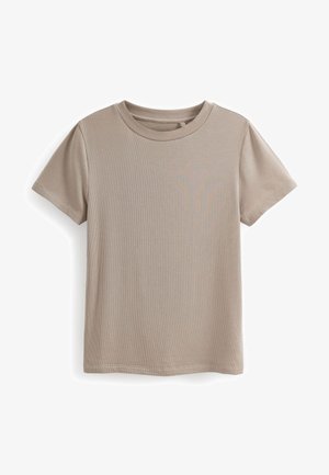 Camiseta beige de manga corta con textura acanalada, que presenta un clásico cuello redondo y un dobladillo recto con costuras mínimas.