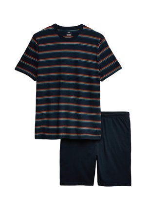 Set di pigiami in cotone a righe, composto da una maglietta a maniche corte blu navy con righe rosse, arancioni e blu, e pantaloni corti blu navy abbinati.
