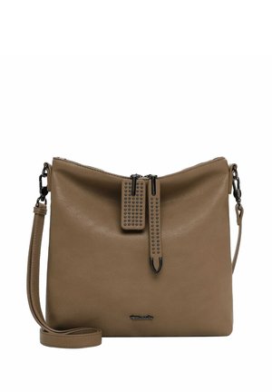 Tan leather handbag with a soft texture, a zipper closure, studded detail on the zipper pull, and a detachable shoulder strap.