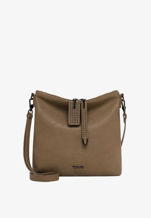 Tan leather handbag with a soft texture, a zipper closure, studded detail on the zipper pull, and a detachable shoulder strap.