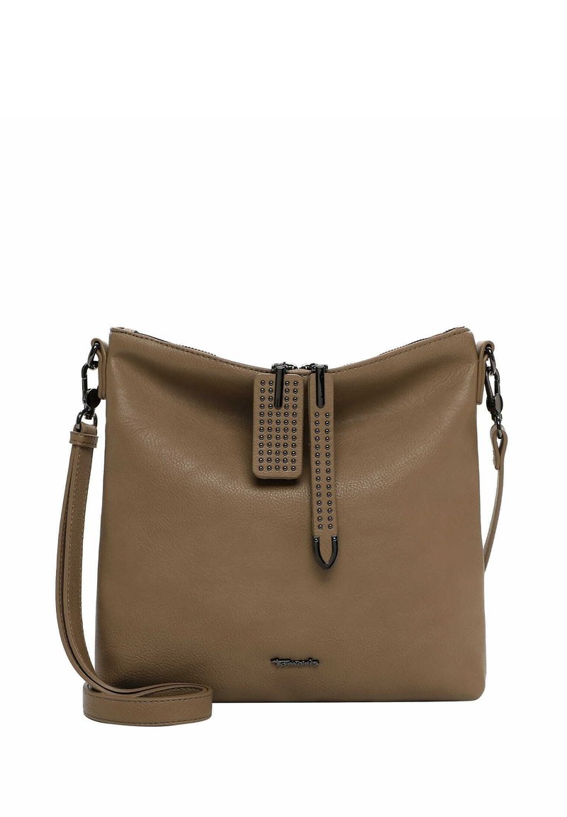 Tan leather handbag with a soft texture, a zipper closure, studded detail on the zipper pull, and a detachable shoulder strap.
