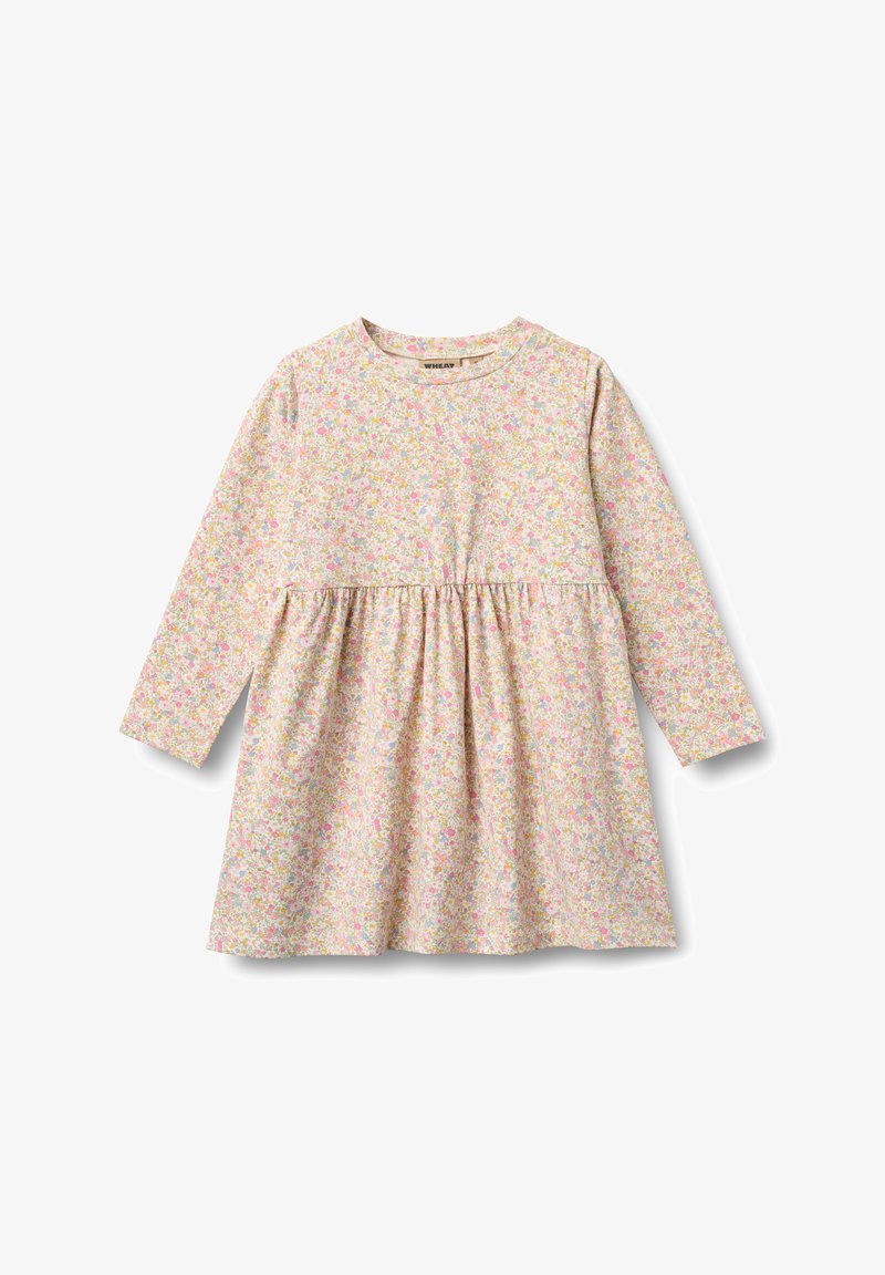 Haljina s dugim rukavima od mekanog tkanina s cvjetnim uzorkom u ružičastoj, žutoj i zelenoj boji na svijetloj pozadini; opuštenog kroja s nabranim strukom.