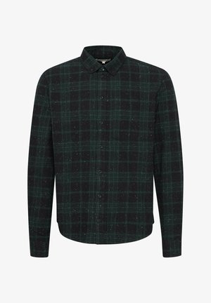 Pikkade varrukatega ruuduline särk musta ja tumeroheline värviga, millel on laikudega tekstuur, nööbid allapoole kaeluses ja üks rinnaeend.