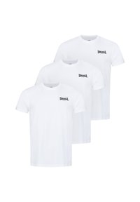 Tres camisetas blancas de algodón con cuello redondo y mangas cortas, que presentan un pequeño logo negro en la parte superior izquierda del pecho.