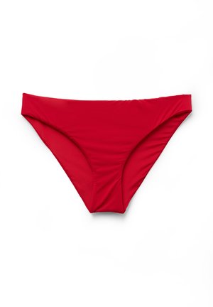 Red bikini bottom with a classic cut, smooth fabric, and no visible patterns, displayed flat on a white background.