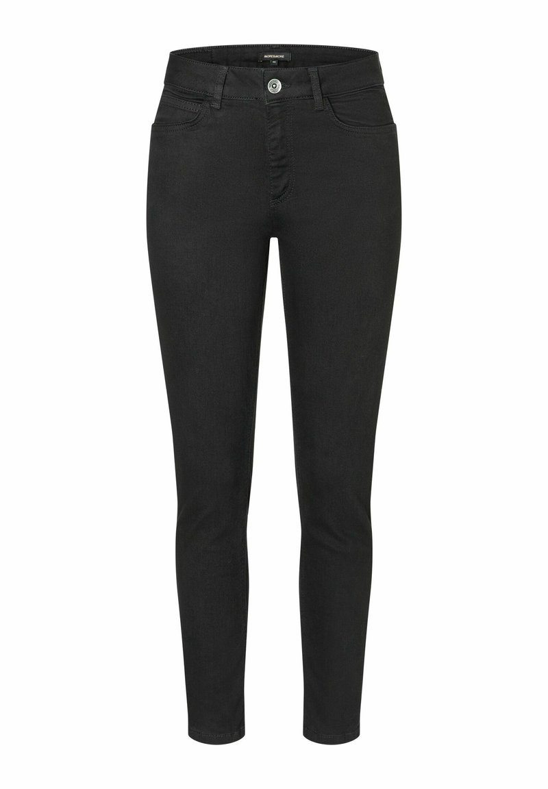 Jean noir slim avec bouton et poches à l'avant, présenté sur fond blanc.
