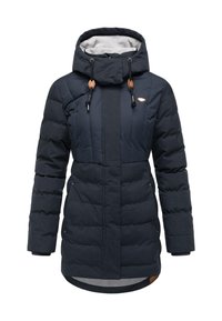 Tengerészkék steppelt téli dzseki, magas gallérral, húzózsinóros kapucnival és kontrasztos bézs részletekkel. Cipzáras zsebekkel ellátva.