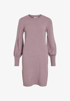 Strickpulloverkleid in sanftem Lavendel, mit langen Puffärmeln, rundem Ausschnitt und gerippten Bündchen. Sanfte Textur mit taillierter Silhouette.