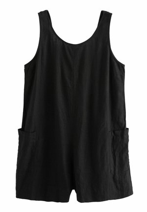 Jumpsuit noir en lin avec un design simple sans manches, doté de deux poches avant et d'une coupe décontractée. Tissu texturé et léger.