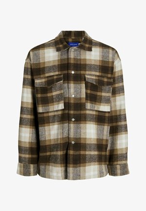 Brown and white plaid flannel shirt with a button-up front, two chest pockets, and a spread collar. Soft texture and loose fit.