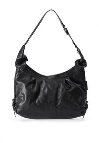 Czarna skórzana torba na ramię o miękkim, teksturowanym wykończeniu, z zagiętymi akcentami, pojedynczym paskiem oraz zamykaną na zamek boczną kieszenią.