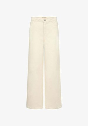 Wijde broekspijpen in licht crèmekleurige katoen. Voorzien van een knoopsluiting, lussen voor een riem en twee voorzakken. Soepele, gestructureerde stof.