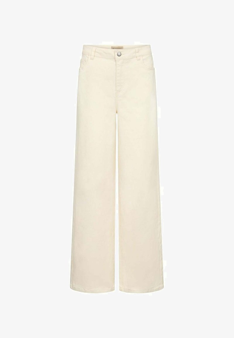 Pantalon large en coton crème clair. Il présente une fermeture par bouton, des passants pour ceinture et deux poches avant. Tissu lisse et texturé.