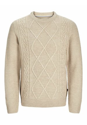 Bežinis megztinis su kabelinėmis pynėmis, turintis tekstūrinius raštus, deimantų ir tinklelių dizainus, raukšlėtus rankogalius ir apačią. Klasikinė apvali iškirptė.