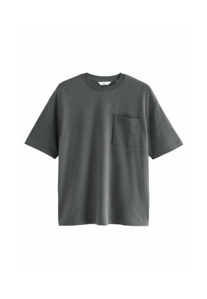 Dunkelgrünes Baumwoll-T-Shirt mit Rundhalsausschnitt, kurzen Ärmeln und einer Brusttasche. Weiche Textur und entspannter Schnitt.
