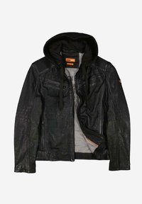 Schwarze Lederjacke mit abnehmbarem Kapuzen. Verfügt über Reißverschluss-Taschen, strukturierte Schultern und ein hellgraues Futter mit einem orangefarbenen Akzent.