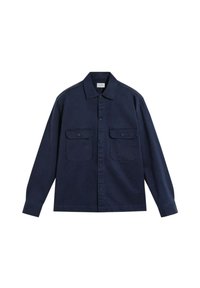 Chaqueta de camisa de manga larga azul marino con cuello, cierre de botones en la parte delantera y dos bolsillos en el pecho con botón.