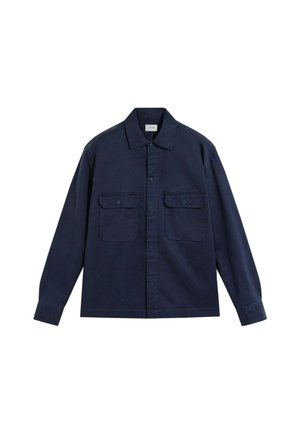 Marineblauwe langemouwen overhemdjasje met kraag, knoopsluiting aan de voorkant en twee knoopzakken op de borst.