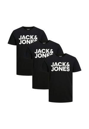 Drei schwarze kurzärmelige T-Shirts mit weißem "JACK & JONES" Schriftzug auf der Vorderseite, überlappend auf weißem Hintergrund dargestellt.