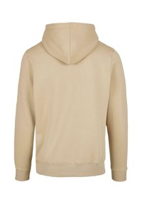 Beige hættetrøje med snørelukning, lavet af blødt stof. Har ribbet manchetter og kant, glat tekstur og enkelt design.