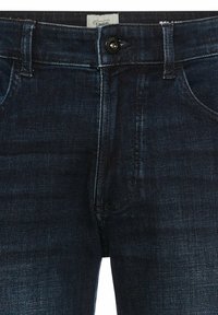 Denim jeans in een donkere was met een klassiek vijf-pocket ontwerp, voorzien van een knoopsluiting en subtiele stikseldetails.