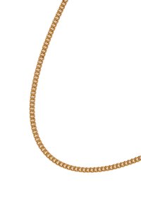 Gold-colored metal chain with interlocking links, featuring a smooth texture and a uniform thickness throughout its length.